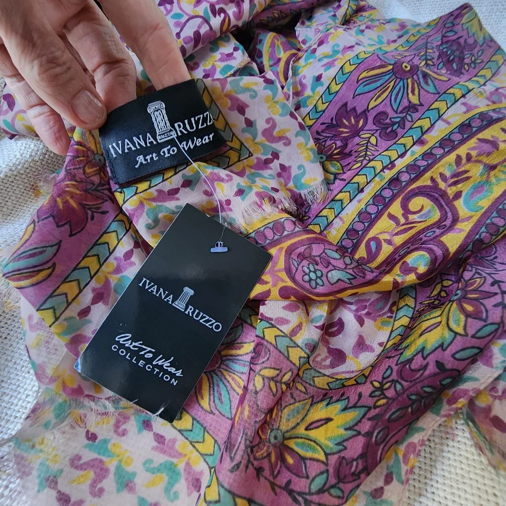 Designer Purple Scarf 100% Soft Silk Paisley Print Violet Gold Brooch